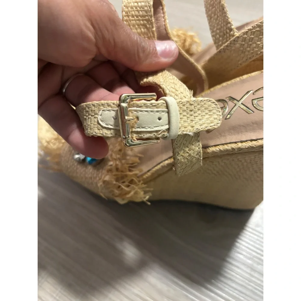 Exe Raffia Wedge Sandals Bejeweled Fringe Platform Ankle Strap Tan Multi 36